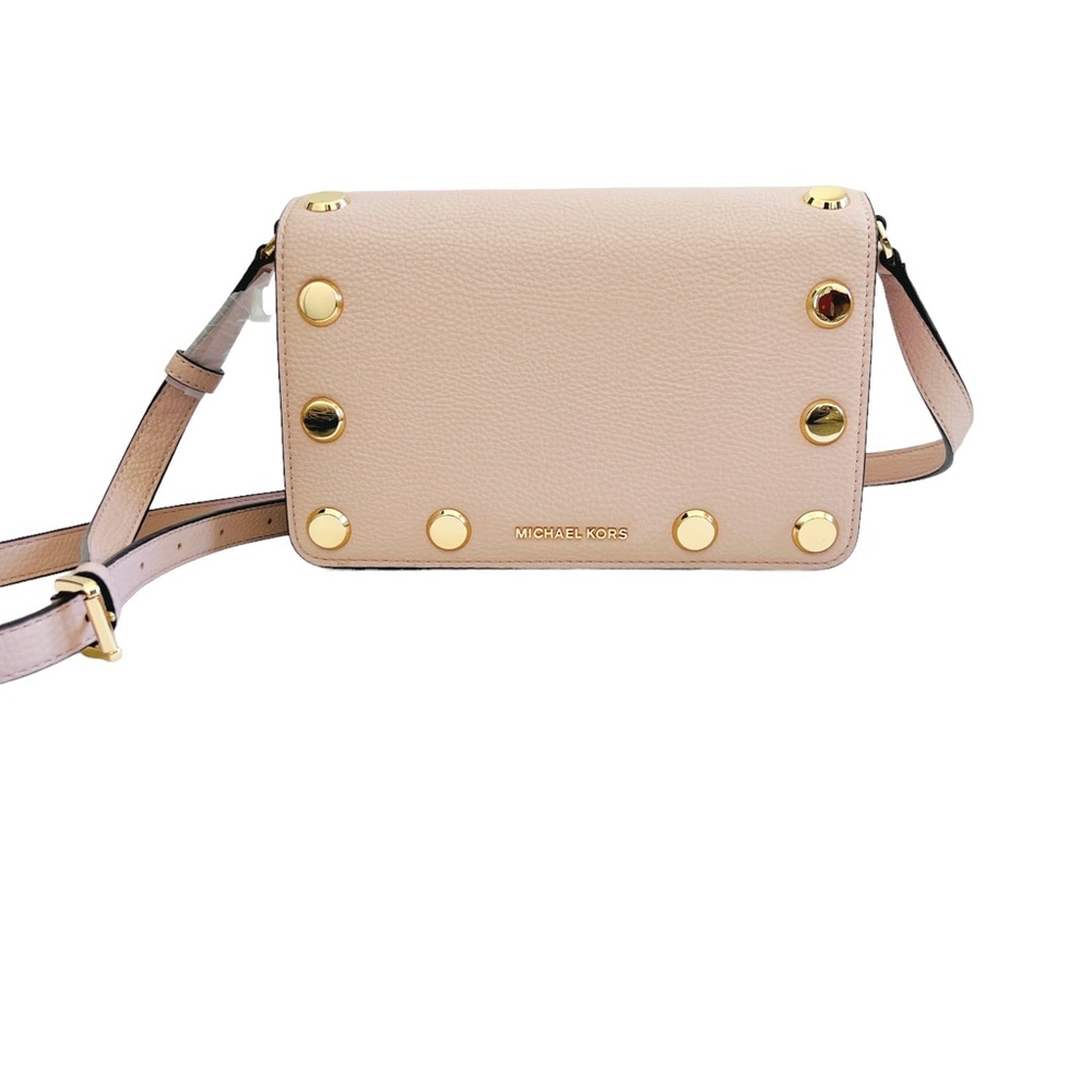 MICHAEL KORS Blush Pink Studded Flap Crossbody Soft Gold 9”x6”x3” Holly